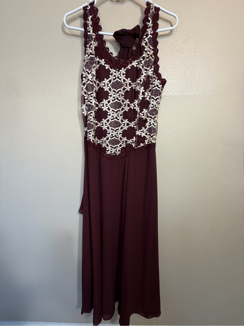 Formal Sleeveless Burgundy Lace-Embroidered Maxi Dress